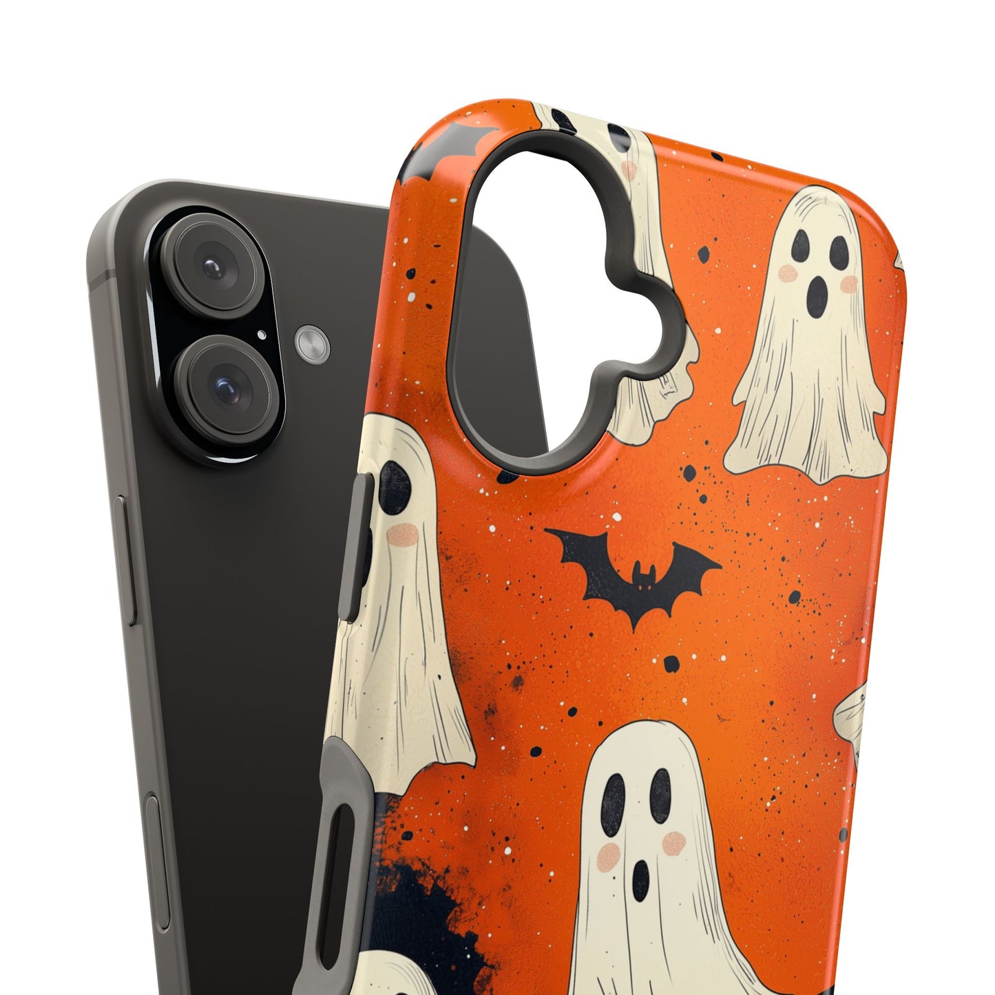 Spooky Ghosts & Bats  MagSafe iPhone Case – Vibrant Orange Halloween Design