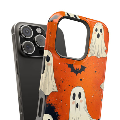 Spooky Ghosts & Bats  MagSafe iPhone Case – Vibrant Orange Halloween Design