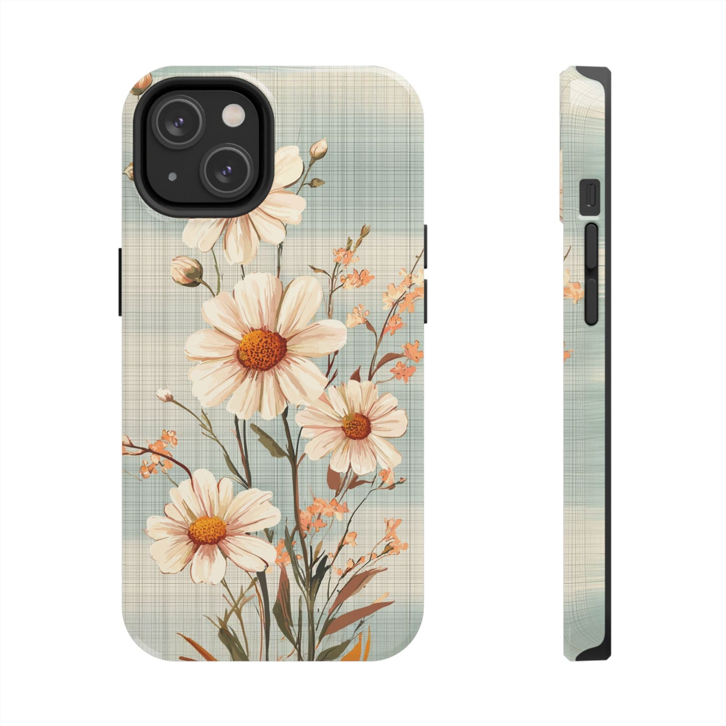 Vintage Plaid & Daisy Floral Tough iPhone Case – Dual-Layer Protection with Retro Flower Design