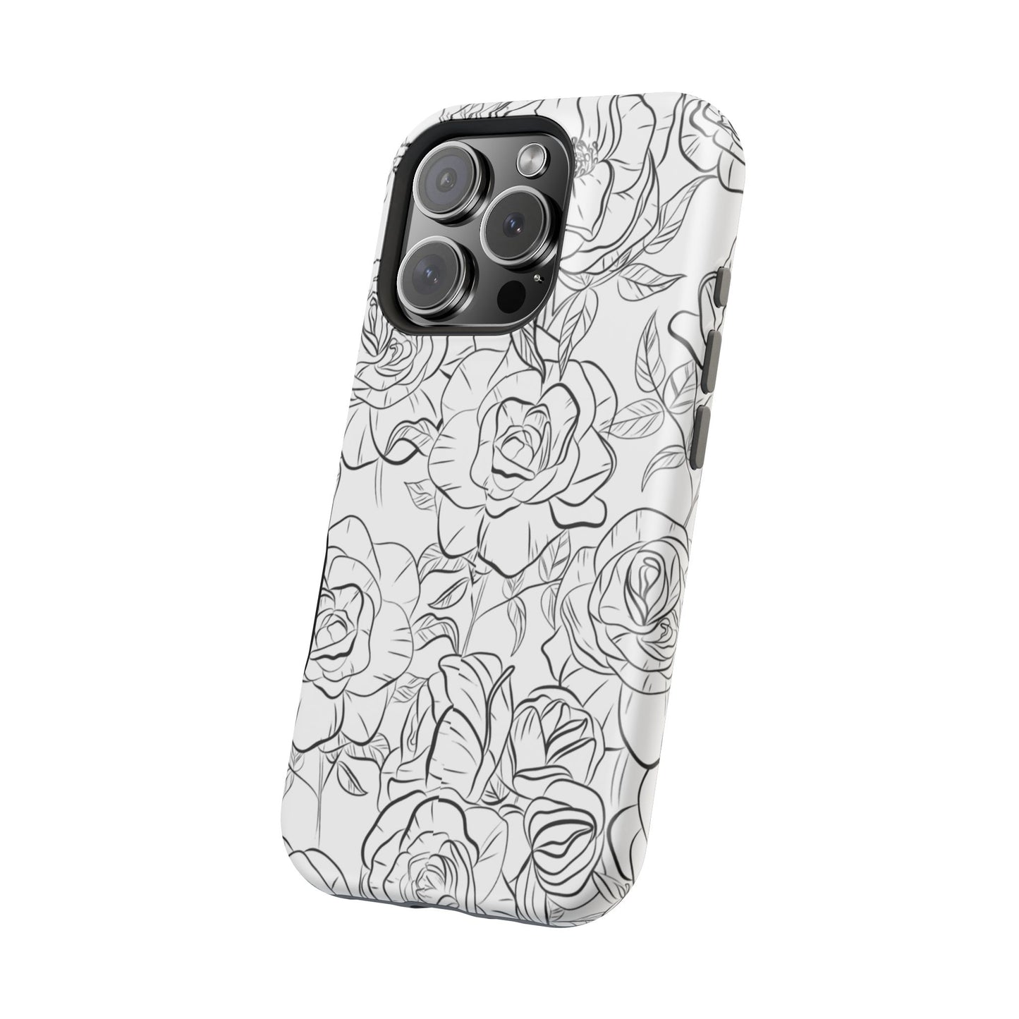 Monochrome Rose Garden Tough MagSafe iPhone Case – Elegant Floral Line Art with Dual-Layer Protection