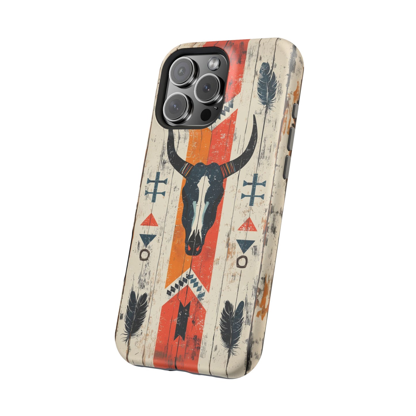 Rustic Western Bull Skull Tough MagSafe iPhone Case – Distressed Wood Design, Dual-Layer Protection