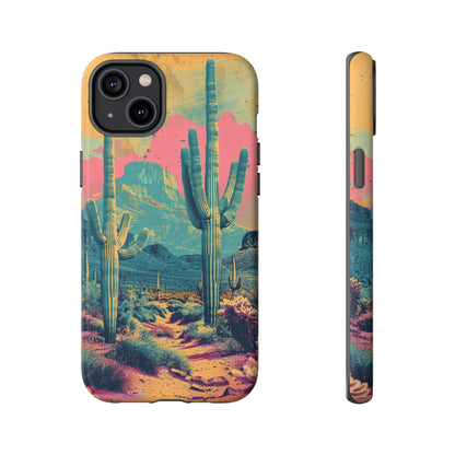 Desert Oasis Retro Cactus Phone Case - Vibrant Sunset Landscape for iPhone 15/14/13/12, Samsung S24/S23/S22/S21, & Google Pixel