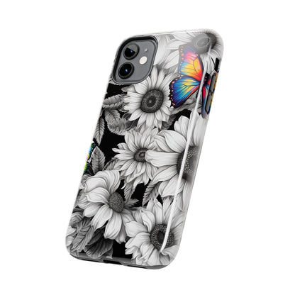 Rainbow Butterflies & Monochrome Sunflowers – iPhone Case