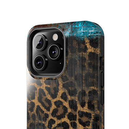 Boho Leopard and Turquoise Tough iPhone Case – Rustic Western Design with Dual-Layer Protection