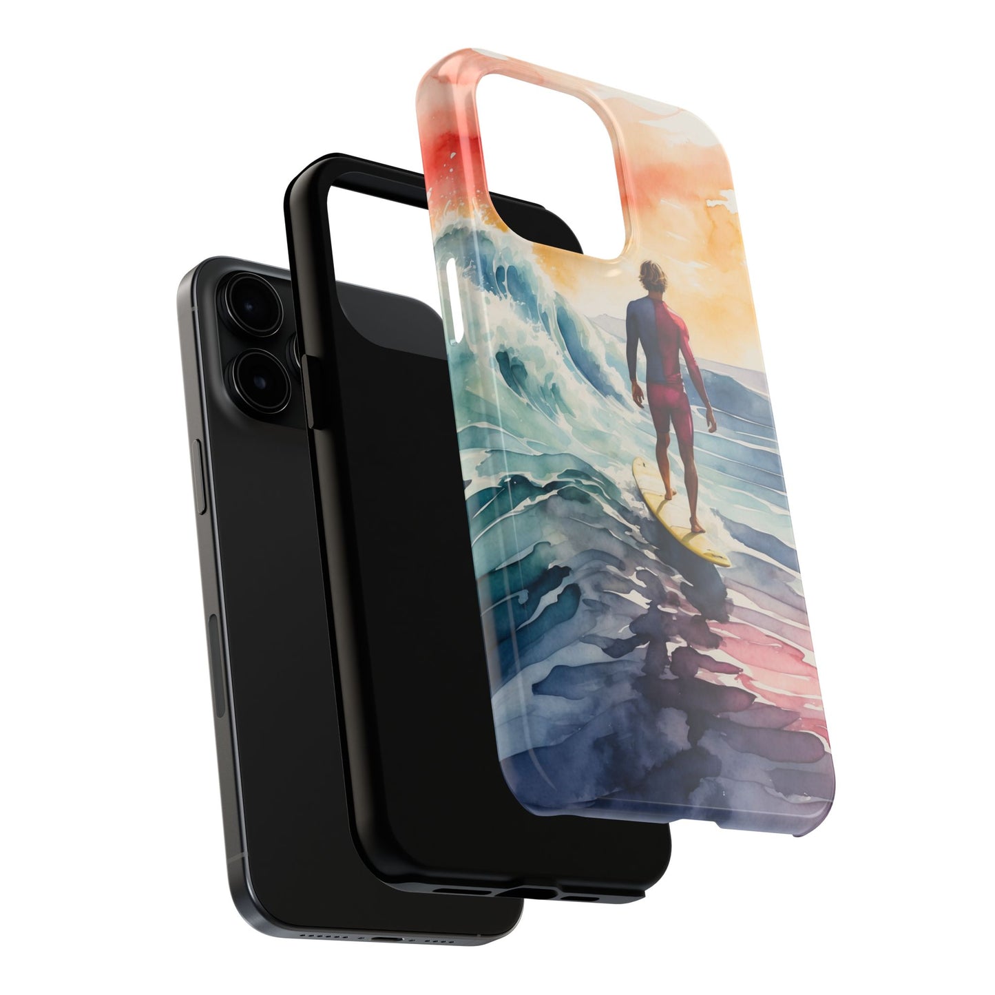 Surfer’s Sunset Wave iPhone Case – Vibrant Watercolor Design