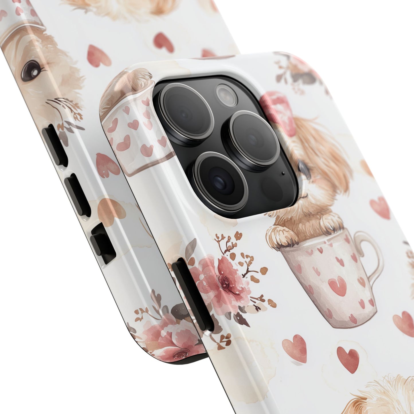 Cute Puppies in Heart Mugs iPhone Case – Adorable Dog & Floral Design, Shockproof & Slim - BOGO Cases