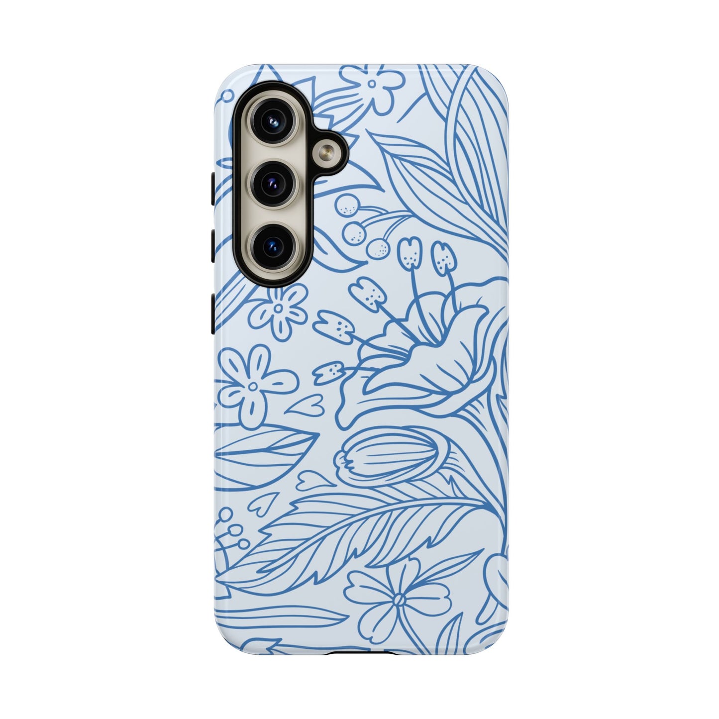 Dusty Blue Floral Line Art Tough Samsung Galaxy Case – Minimalist Botanical Design with Dual-Layer Protection