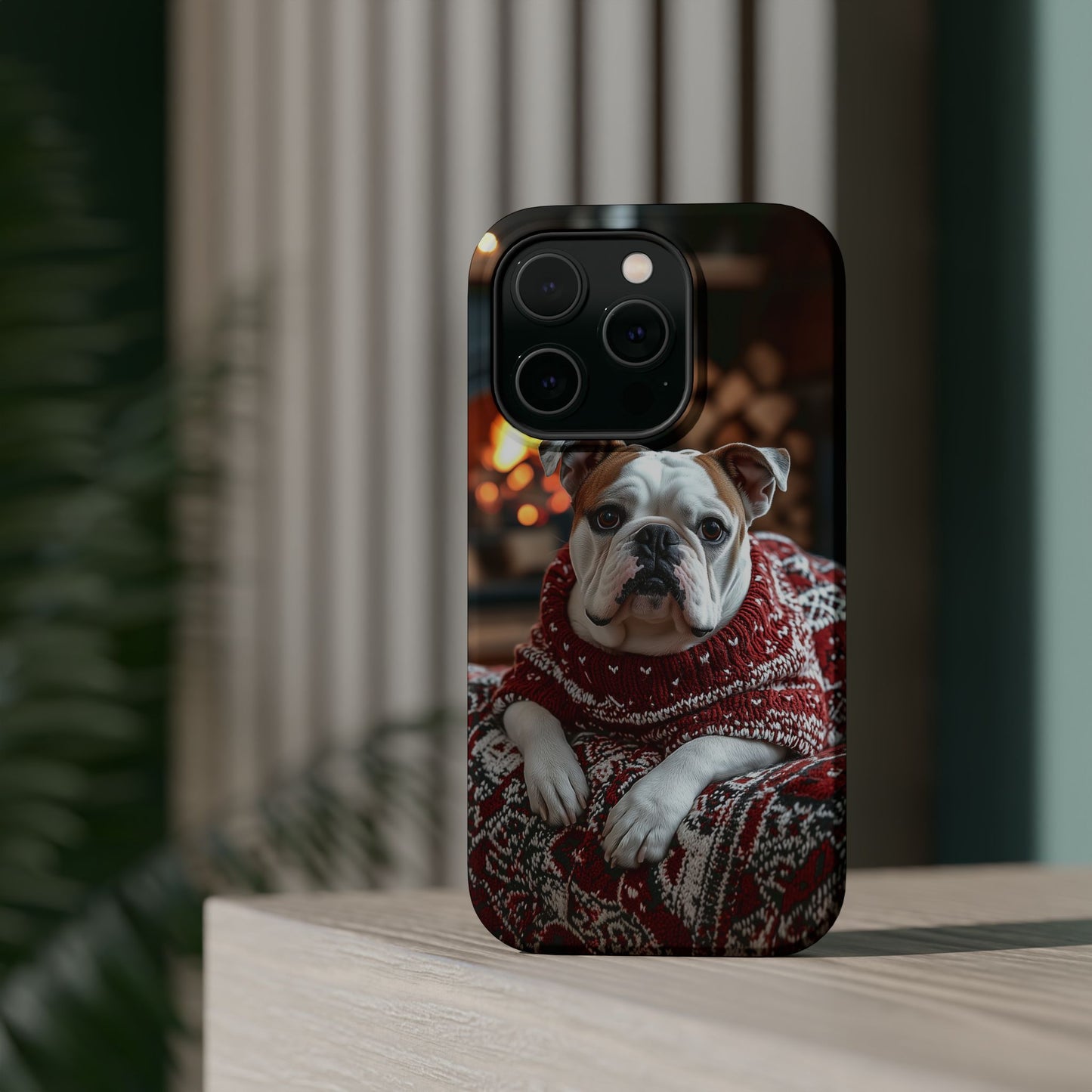 Cozy Bulldog in Sweater MagSafe iPhone Case – Festive Fireplace Protective Cover