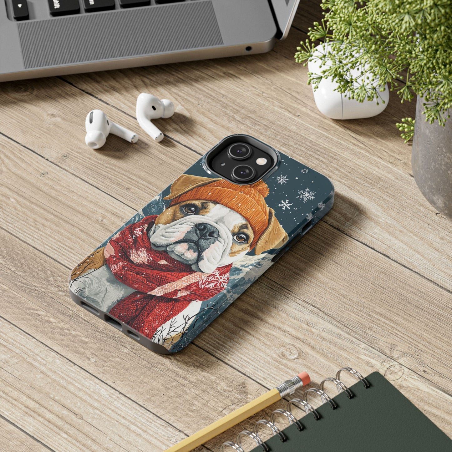 Cozy French Bulldog iPhone Case – Rustic Fireplace Protective Cover