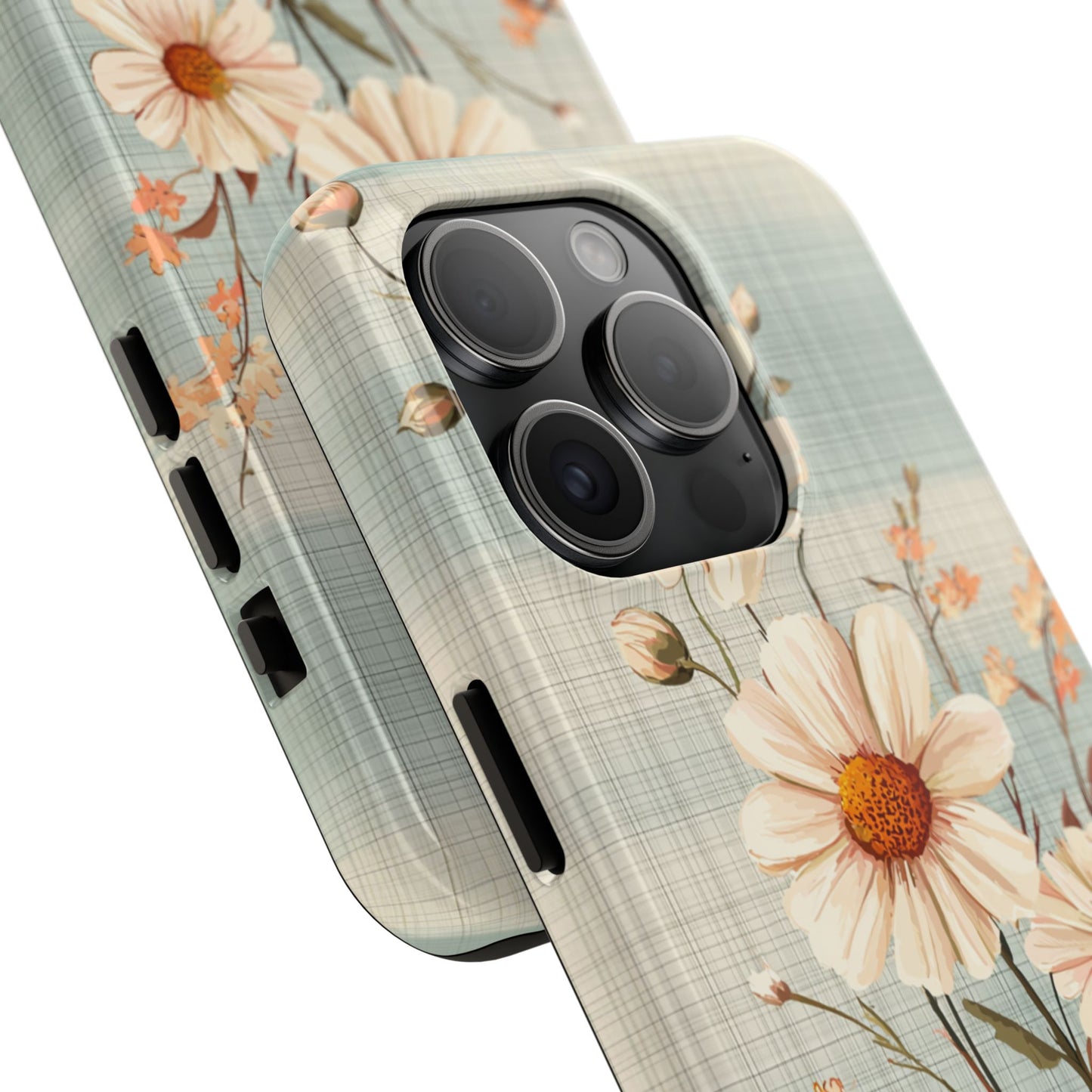 Vintage Plaid & Daisy Floral Tough iPhone Case – Dual-Layer Protection with Retro Flower Design