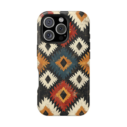 Rustic Tribal Sunburst Tough MagSafe iPhone Case – Vibrant Geometric Design, Dual-Layer Protection