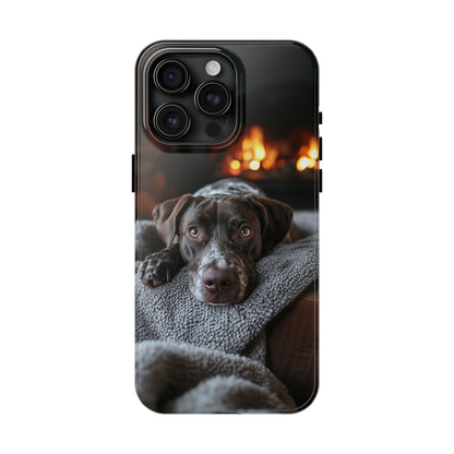 Cozy German Shorthaired Pointer iPhone Case – Rustic Fireplace Protective Cover