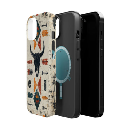 Tribal Bull Skull & Arrows Tough MagSafe iPhone Case – Rustic Western Design, Dual-Layer Protection