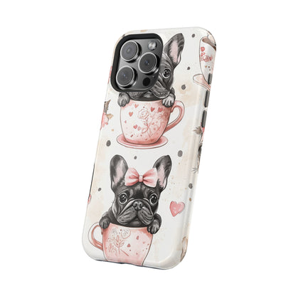 French Bulldogs in Teacups MagSafe iPhone Case – Cute Dog Design with Hearts & Bows, Shockproof & Slim