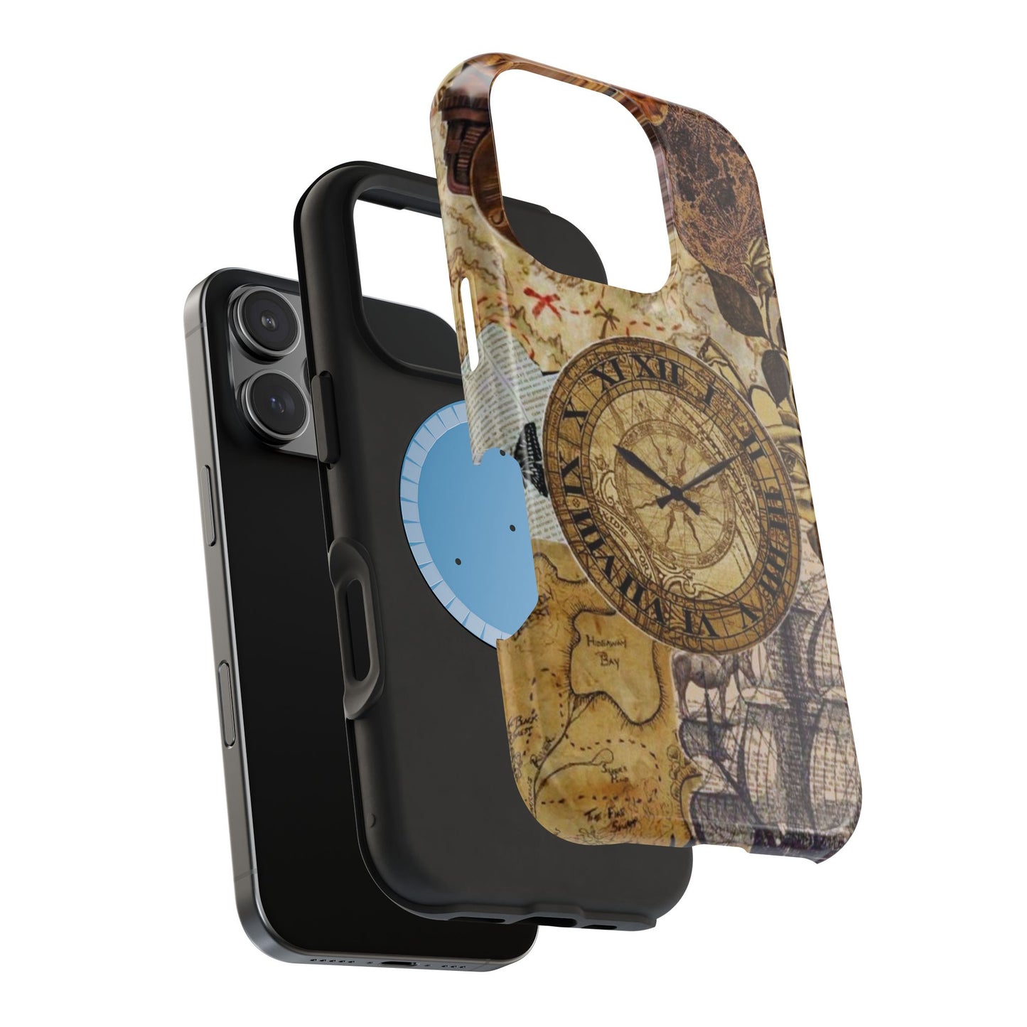 Steampunk Vintage Adventure MagSafe iPhone Case – Dual-Layer Protection with Antique Map and Clock Design