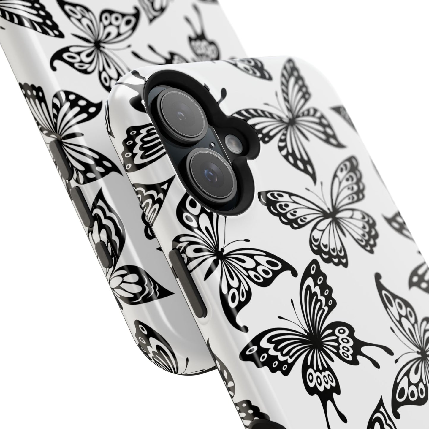 Monochrome Butterfly Pattern Tough MagSafe Case – Dual-Layer Protection with Matte Finish