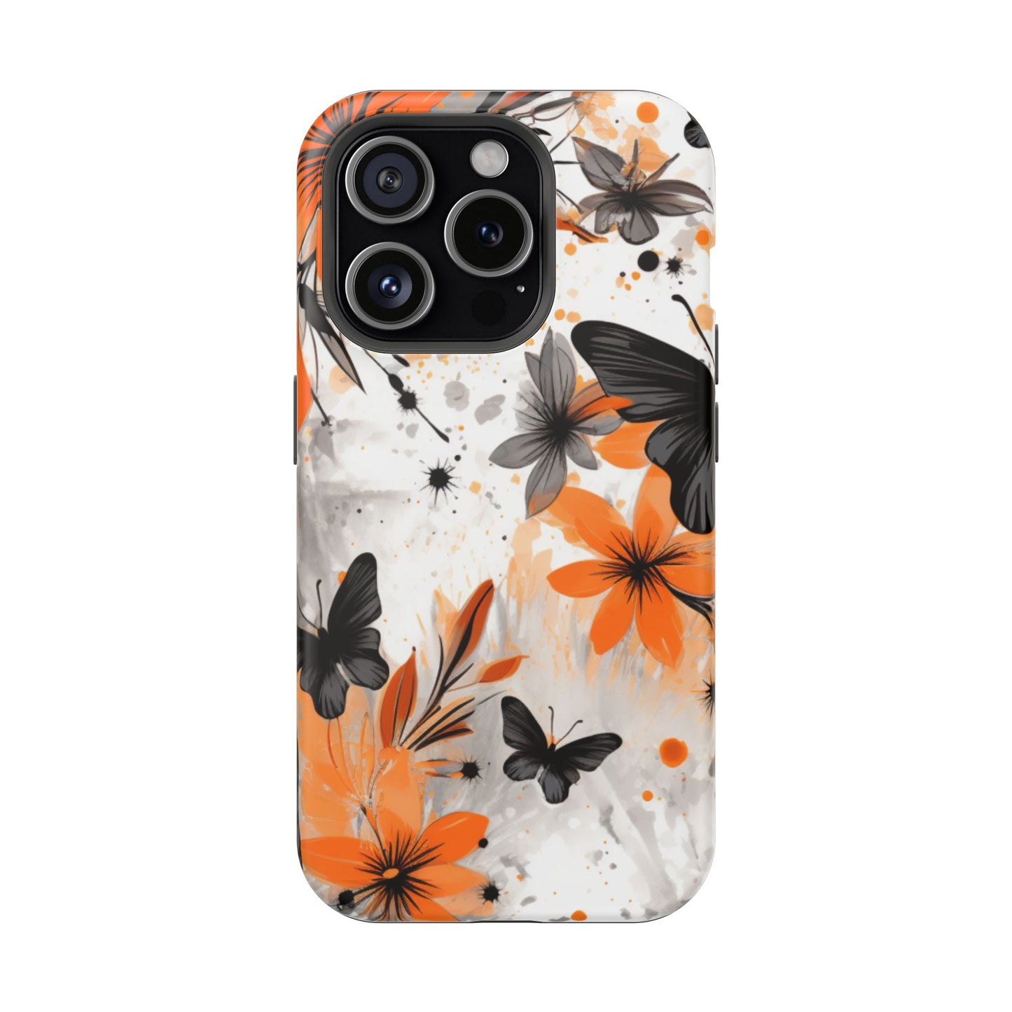 Orange Blossom & Black Butterfly MagSafe iPhone Case – Bold Floral Pattern with Modern Abstract Style