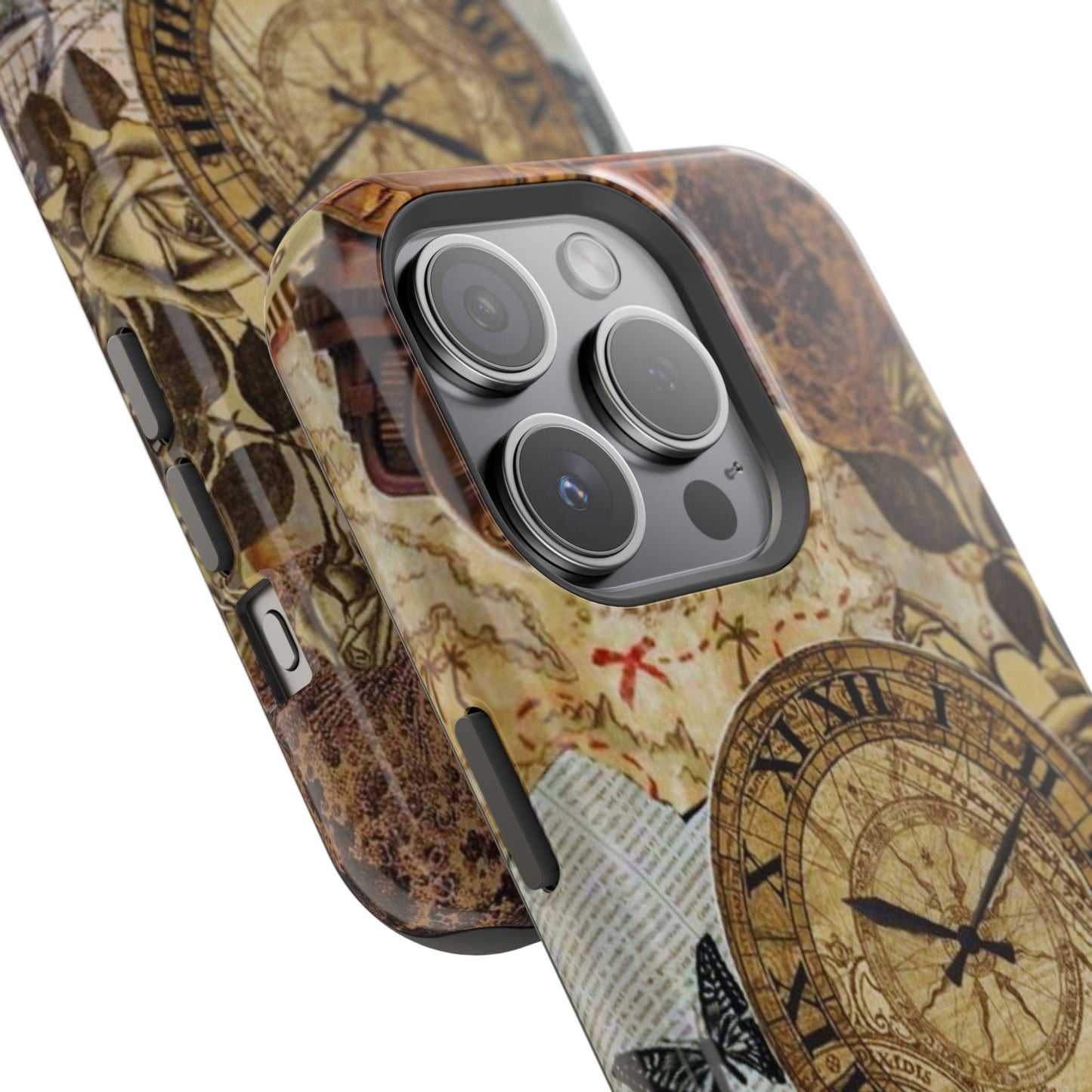 Steampunk Vintage Adventure MagSafe iPhone Case – Dual-Layer Protection with Antique Map and Clock Design