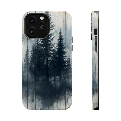 Rustic Pine Forest MagSafe iPhone Case - Blue Toned Woodland Design