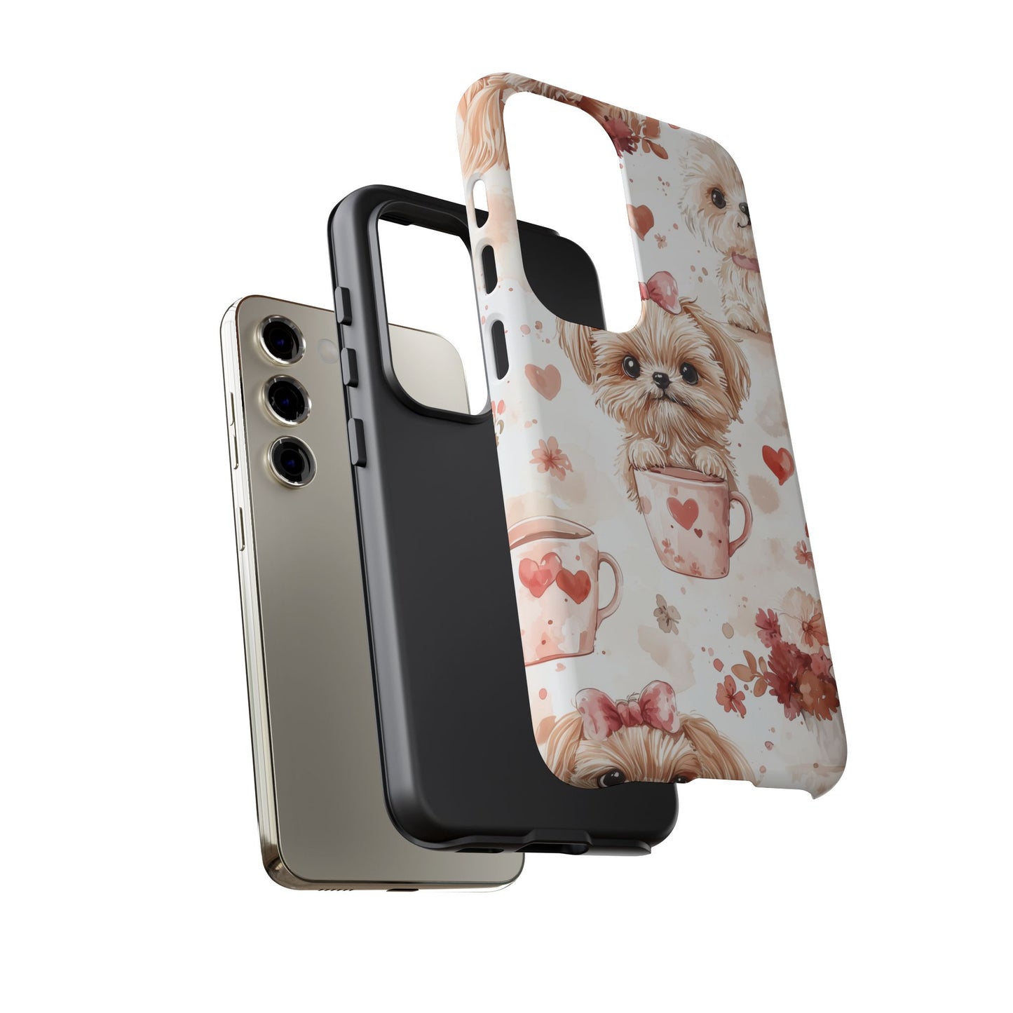 Puppies & Heart Mugs Samsung Galaxy Case – Sweet Dog & Floral Design, Shockproof & Slim