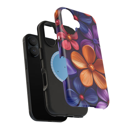 Bold Floral 3D MagSafe iPhone Case – Vivid Purple and Orange Flower Design, Shock-Resistant