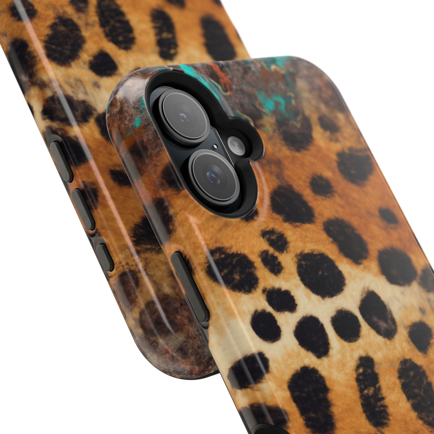 Rustic Leopard Print Tough MagSafe iPhone Case – Distressed Turquoise and Animal Pattern with Dual-Layer Protection