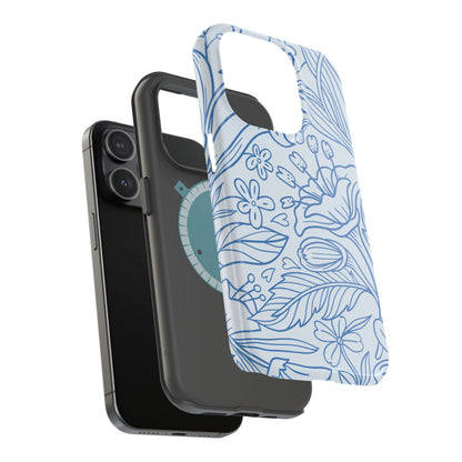 Dusty Blue Floral Line Art Tough MagSafe iPhone Case – Minimalist Botanical Design with Dual-Layer Protection