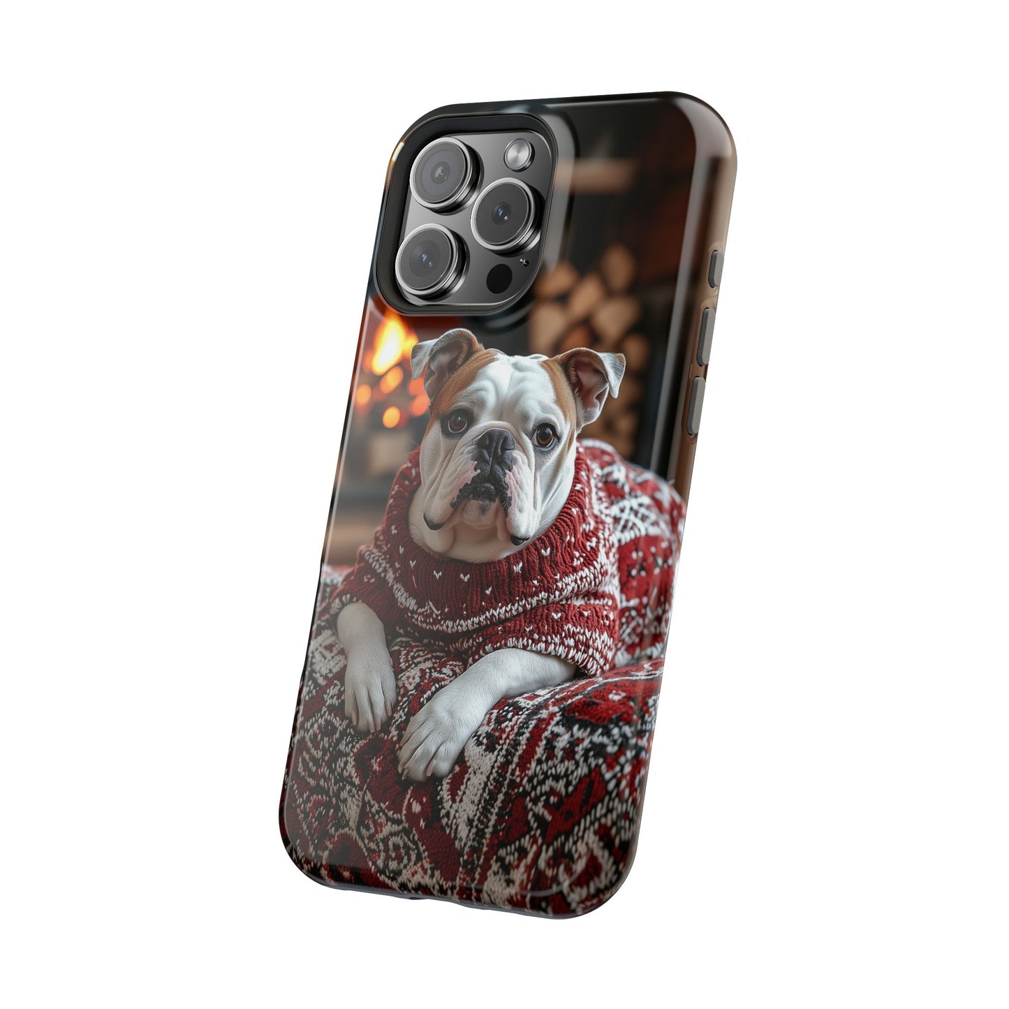 Cozy Bulldog in Sweater MagSafe iPhone Case – Festive Fireplace Protective Cover