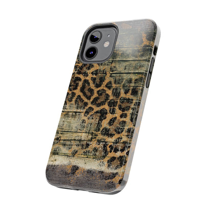 Rustic Wood and Leopard Print Tough iPhone Case – Distressed Western Design with Dual-Layer Protection