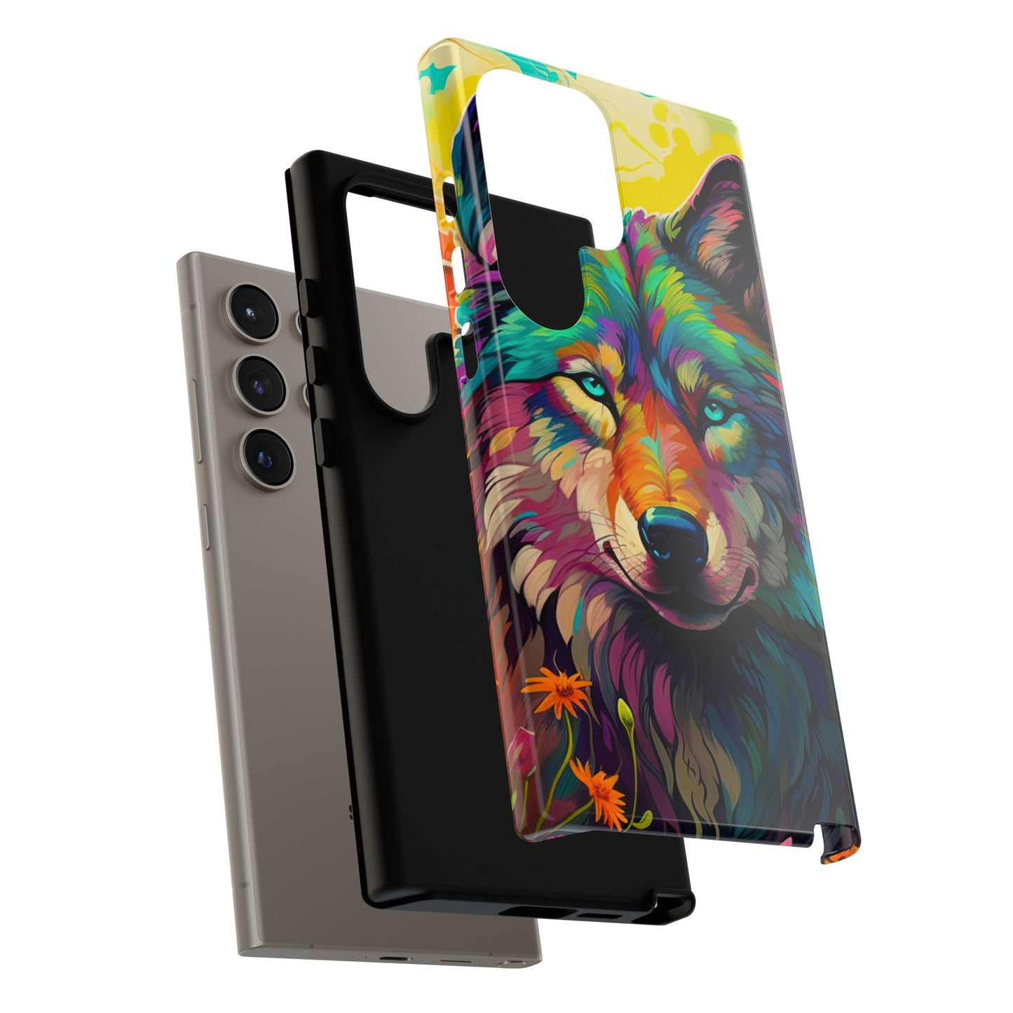 Rainbow Wolf in Bloom – Samsung Galaxy Case with Vivid Nature Design