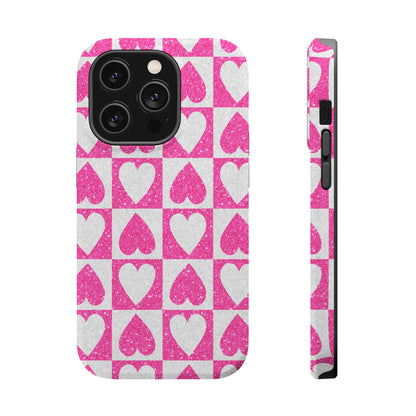 Pink Glitter Heart Checkered Pattern MagSafe Case