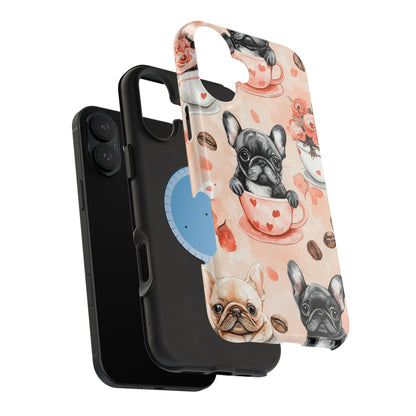 French Bulldogs in Heart Teacups MagSafe iPhone Case – Cute Dog & Floral Design, Shockproof Protection