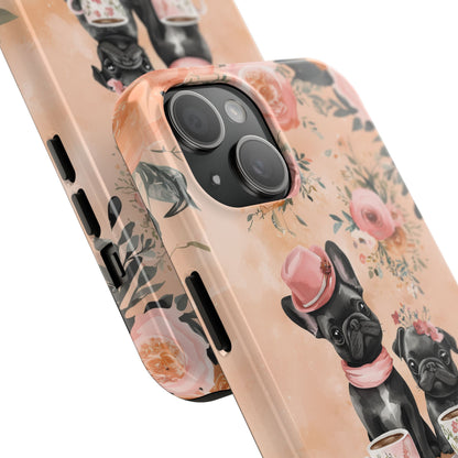 Floral French Bulldogs iPhone Case – Elegant Dog Design with Tea Cups & Roses, Shockproof Protection - BOGO Cases