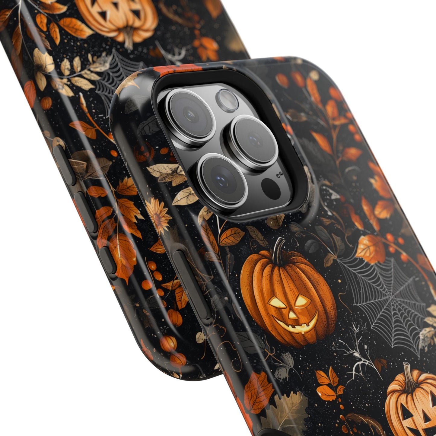 Elegant Halloween MagSafe iPhone Case – Pumpkin Jack-o'-Lanterns, Cobwebs & Autumn Foliage Design