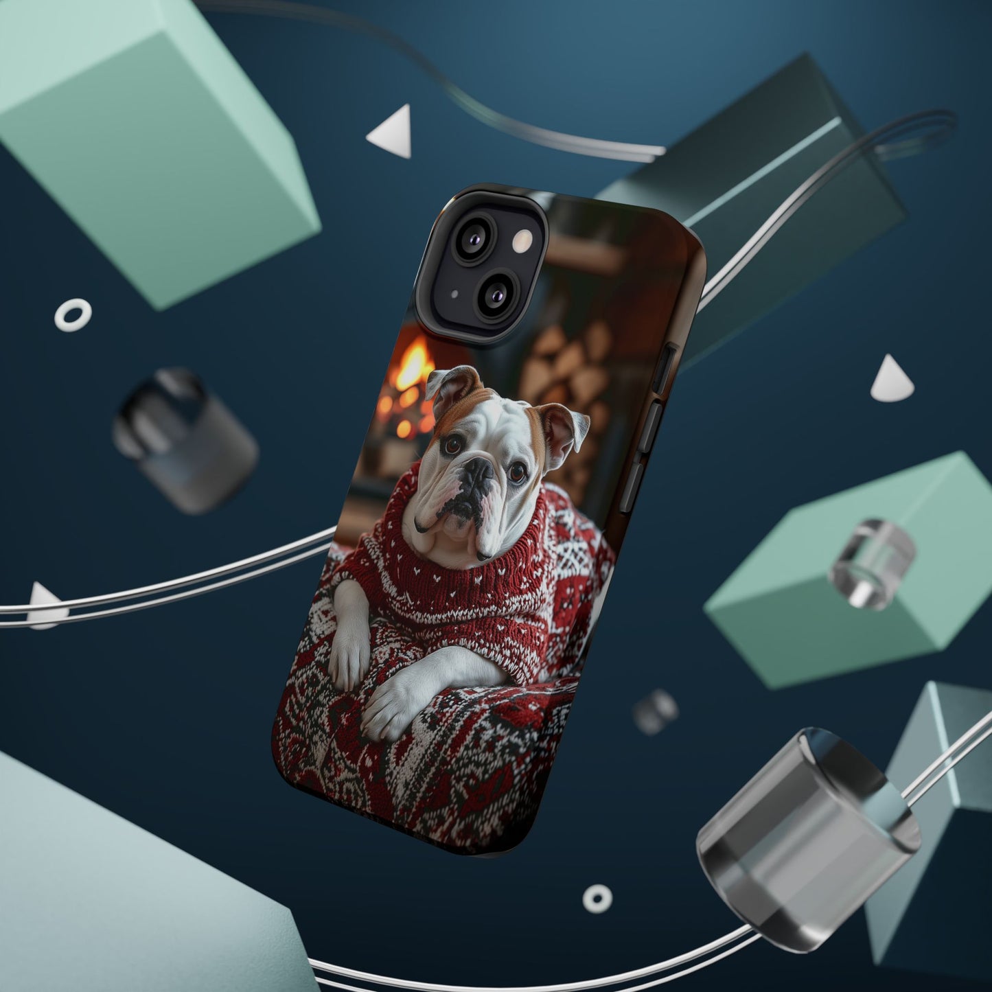 Cozy Bulldog in Sweater MagSafe iPhone Case – Festive Fireplace Protective Cover