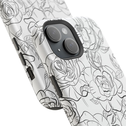 Monochrome Rose Garden Tough MagSafe iPhone Case – Elegant Floral Line Art with Dual-Layer Protection