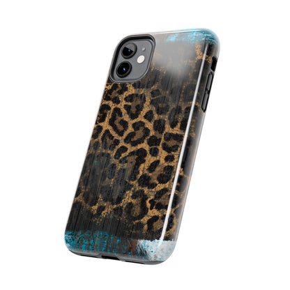 Boho Leopard and Turquoise Tough iPhone Case – Rustic Western Design with Dual-Layer Protection