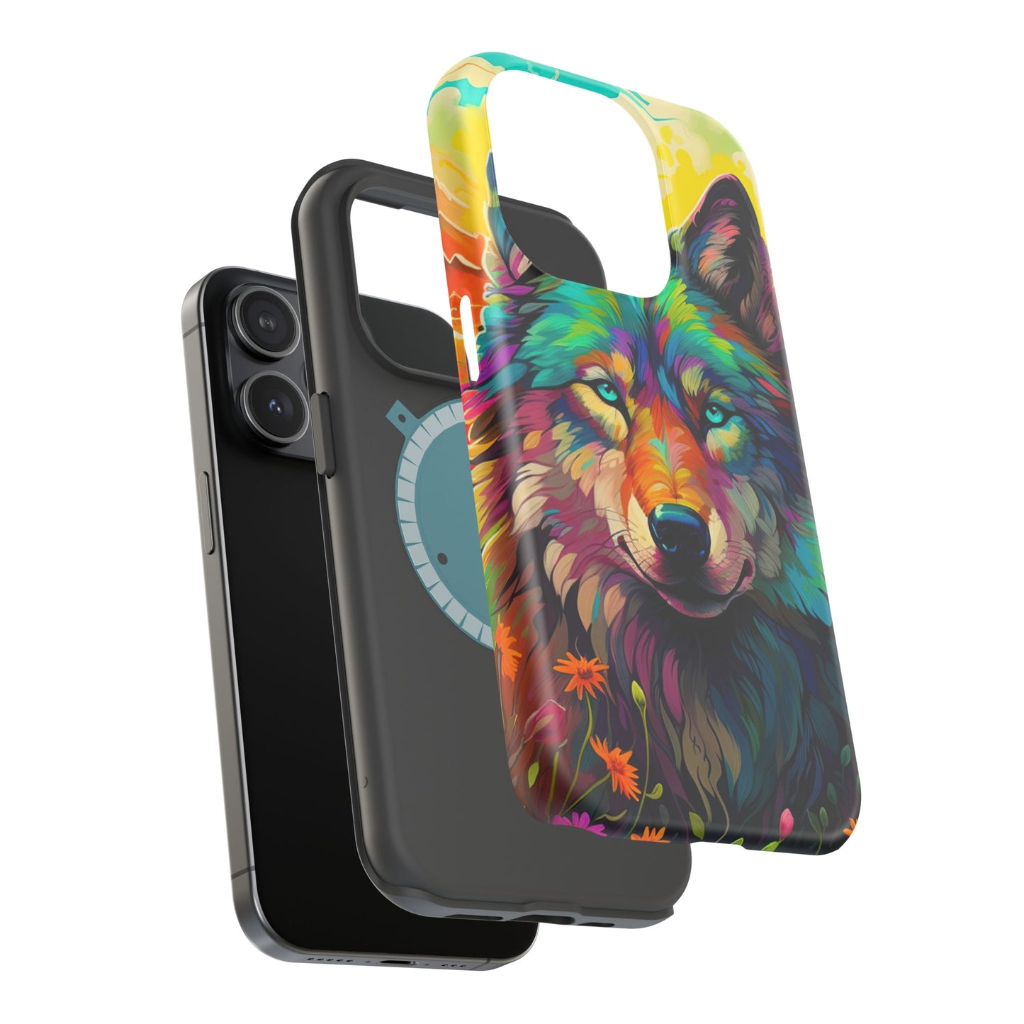 Rainbow Wolf in Bloom – MagSafe iPhone Case with Nature-Inspired Design