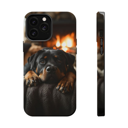 Cozy Rottweiler by the Fireplace MagSafe iPhone Case – Warm Rustic Design