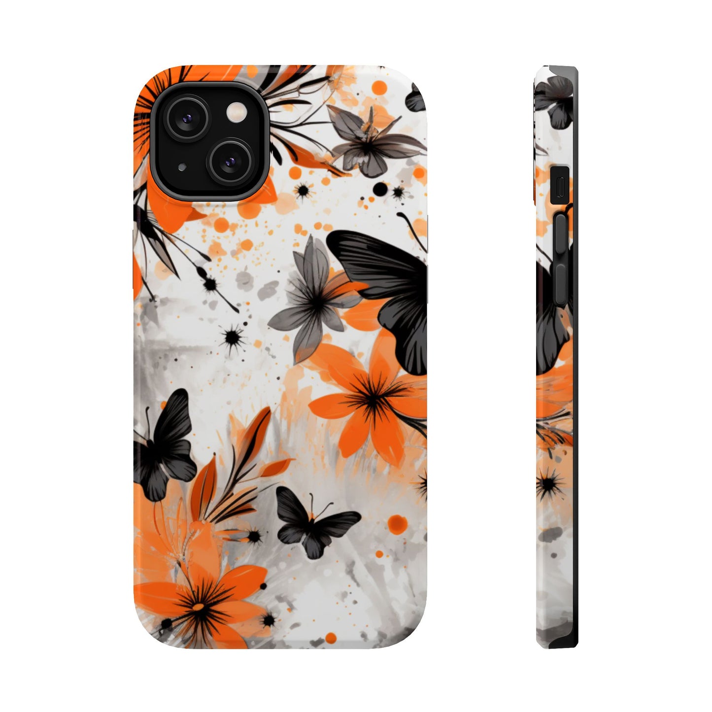 Orange Blossom & Black Butterfly MagSafe iPhone Case – Bold Floral Pattern with Modern Abstract Style