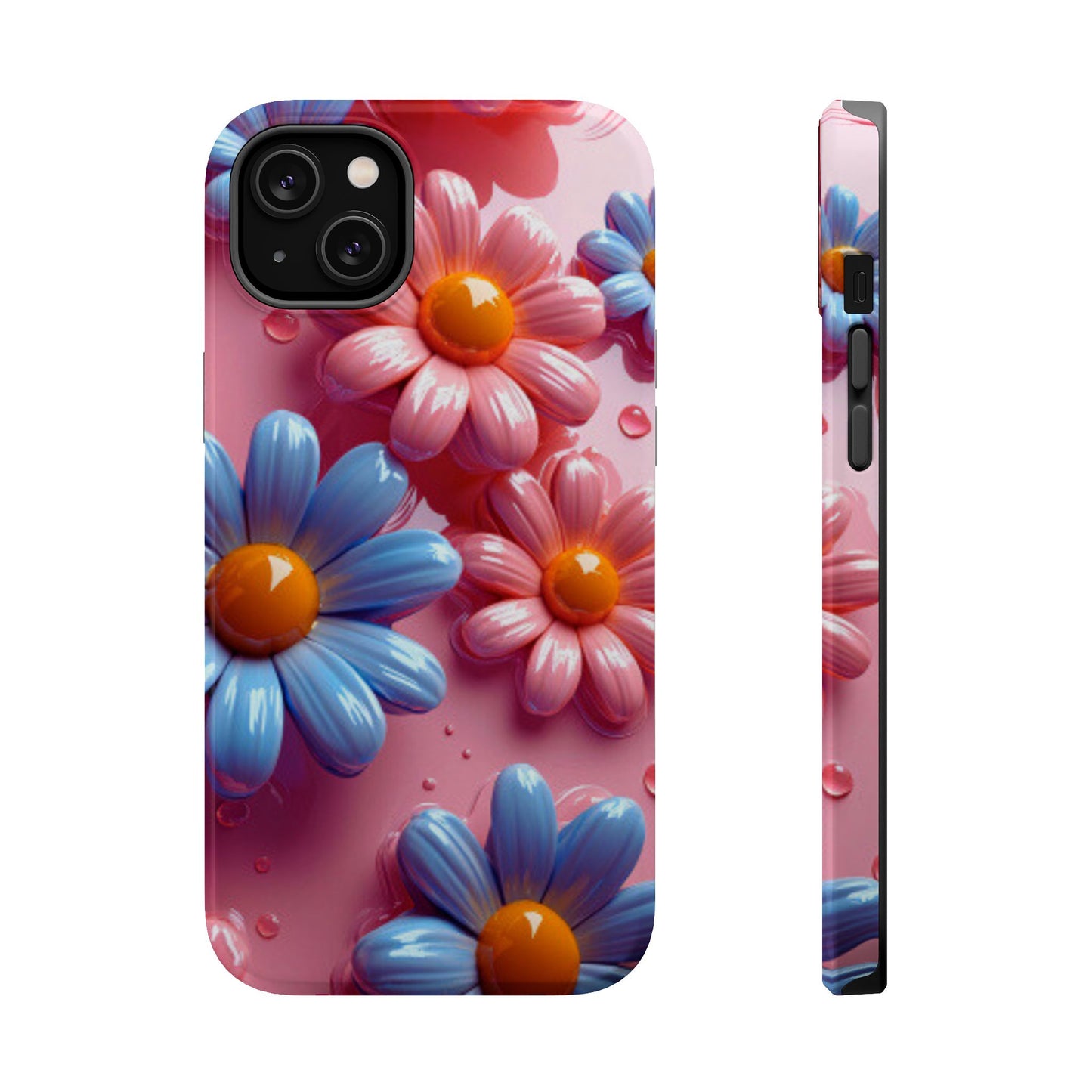 Pastel Daisy 3D MagSafe iPhone Case – Glossy Pink and Blue Floral Design, Full Protection