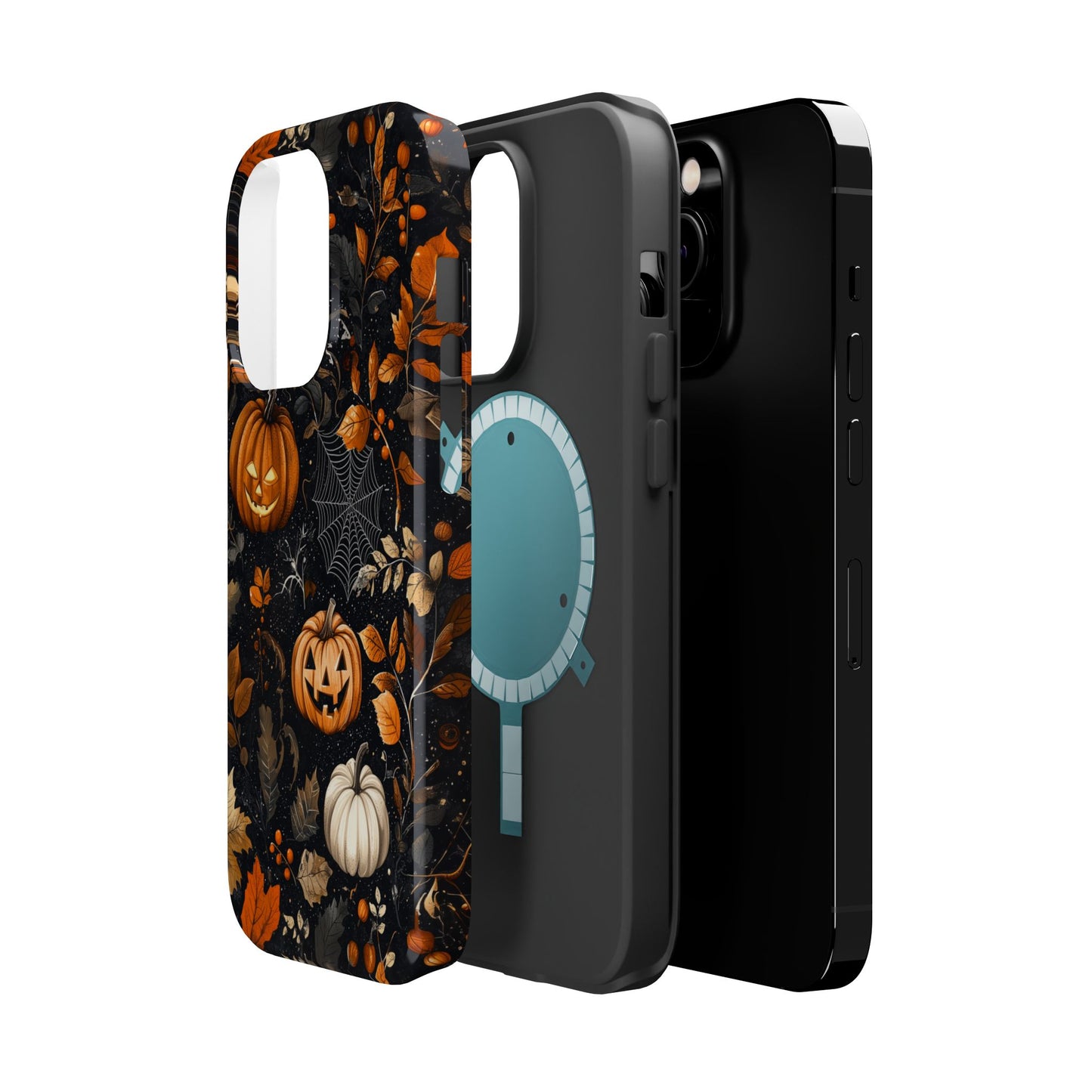 Elegant Halloween MagSafe iPhone Case – Pumpkin Jack-o'-Lanterns, Cobwebs & Autumn Foliage Design