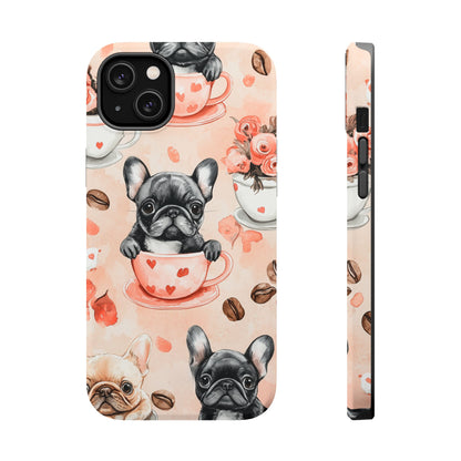 French Bulldogs in Heart Teacups MagSafe iPhone Case – Cute Dog & Floral Design, Shockproof Protection