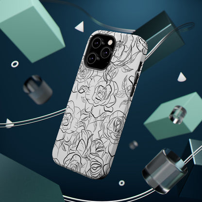 Monochrome Rose Garden Tough MagSafe iPhone Case – Elegant Floral Line Art with Dual-Layer Protection