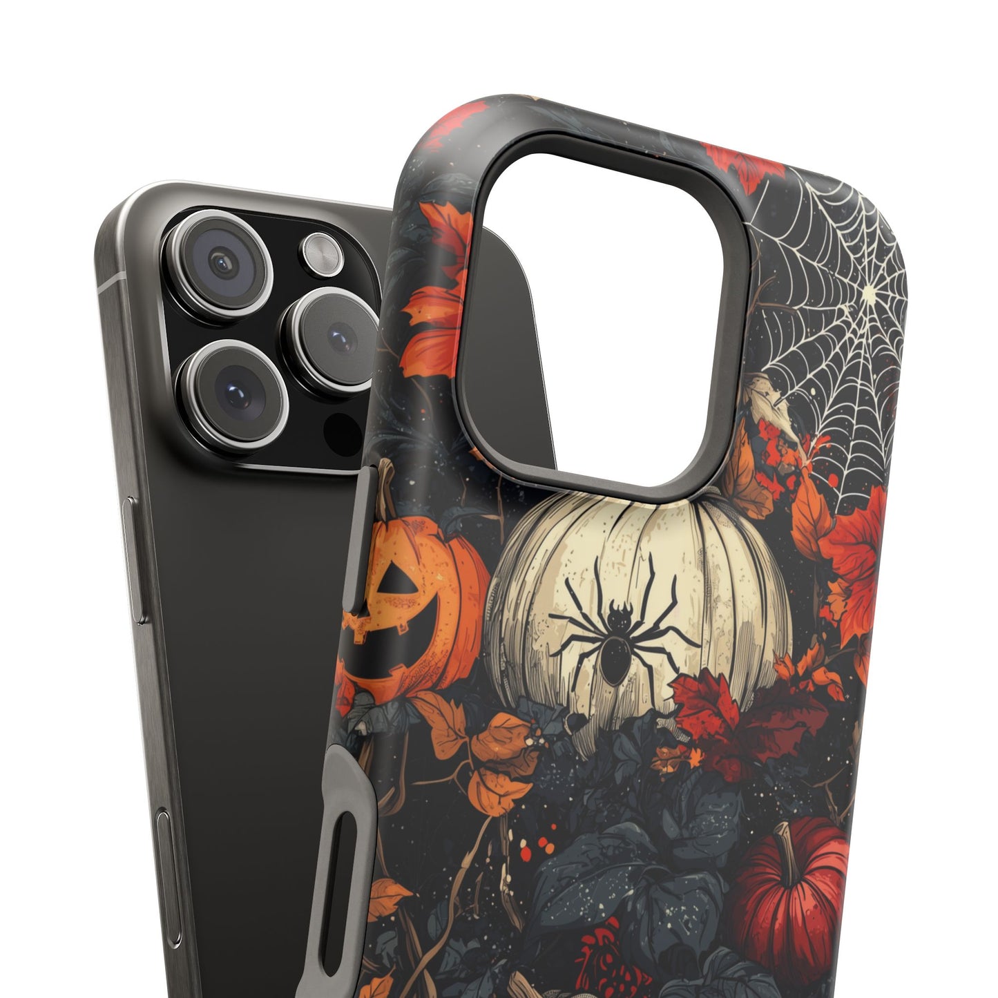 Hauntingly Elegant Halloween MagSafe iPhone Case – Pumpkins, Spiders, and Autumn Leaves Design