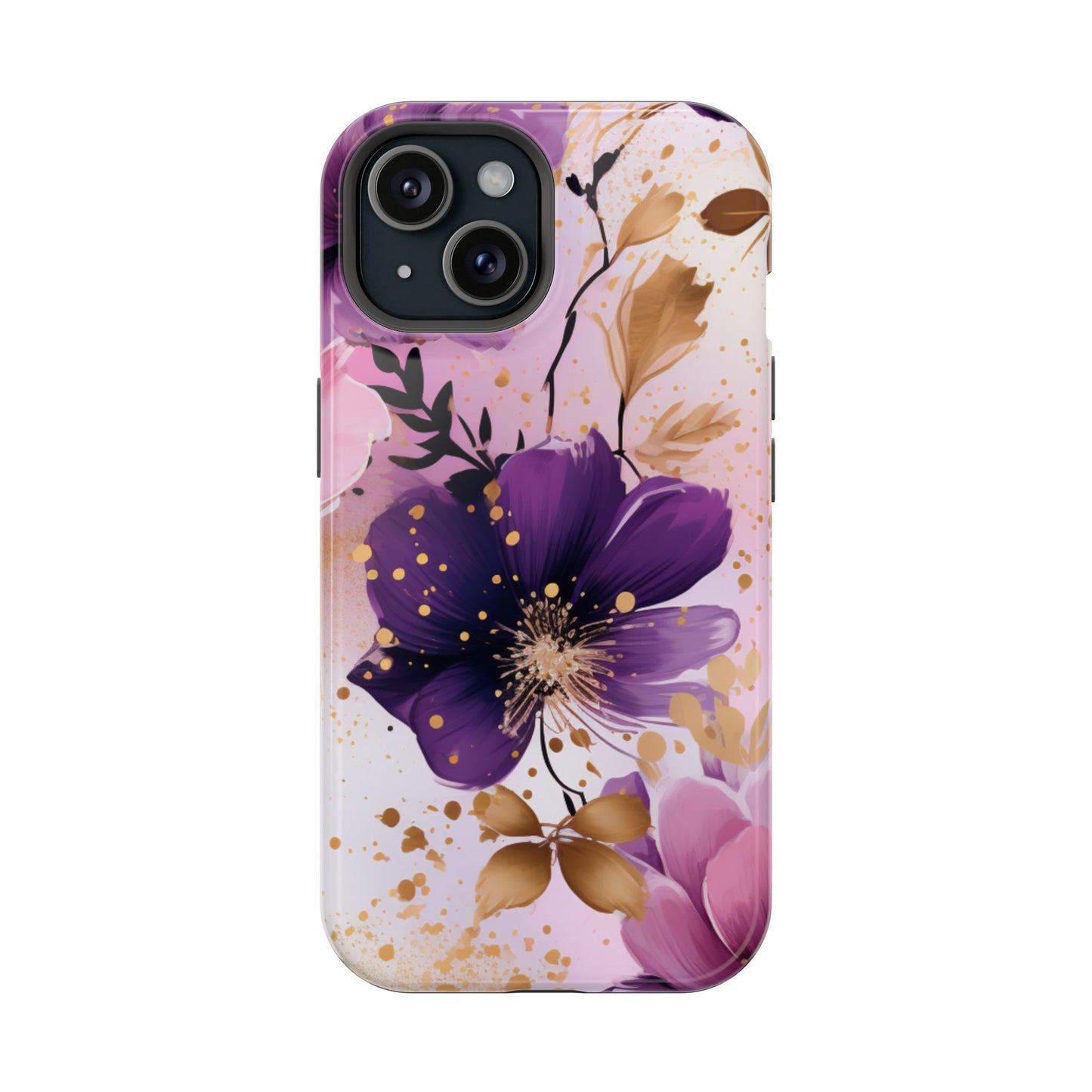 Elegant Purple & Gold Floral MagSafe iPhone Case - Luxe Flower Design