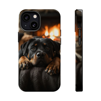 Cozy Rottweiler by the Fireplace MagSafe iPhone Case – Warm Rustic Design