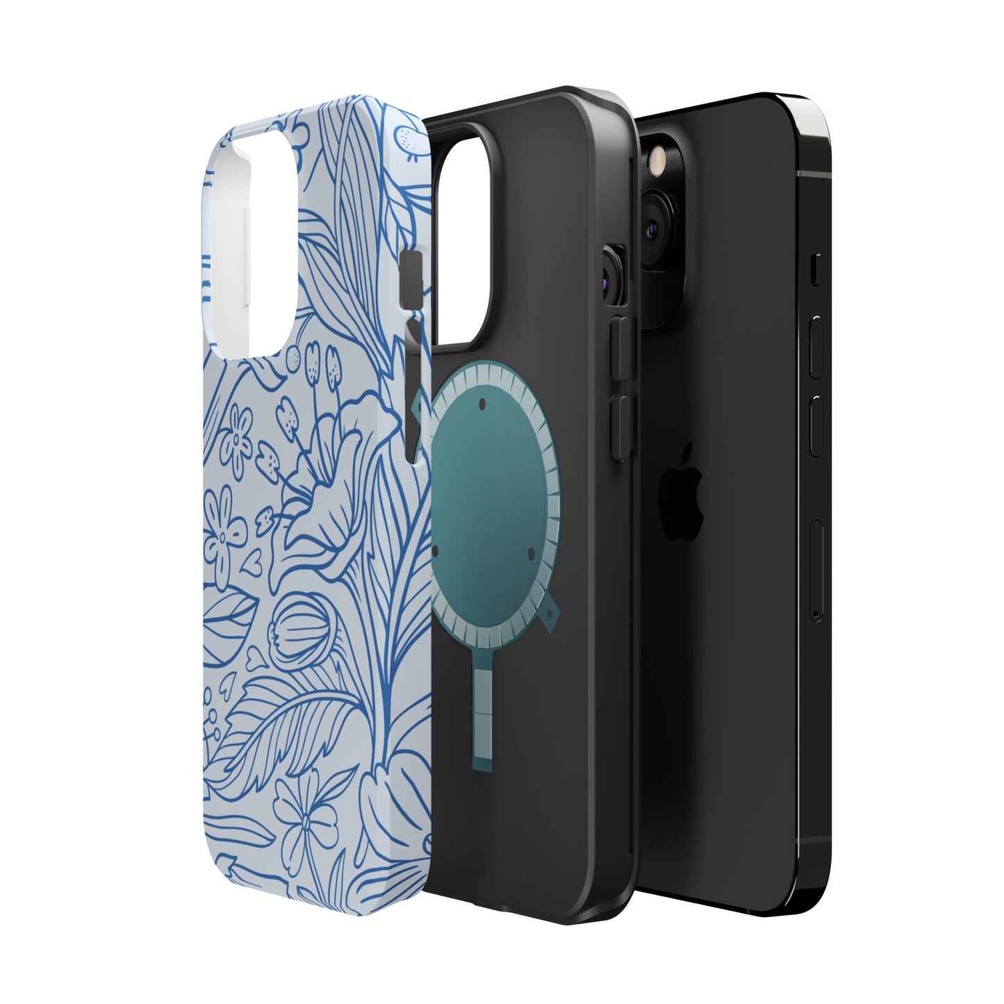 Dusty Blue Floral Line Art Tough MagSafe iPhone Case – Minimalist Botanical Design with Dual-Layer Protection