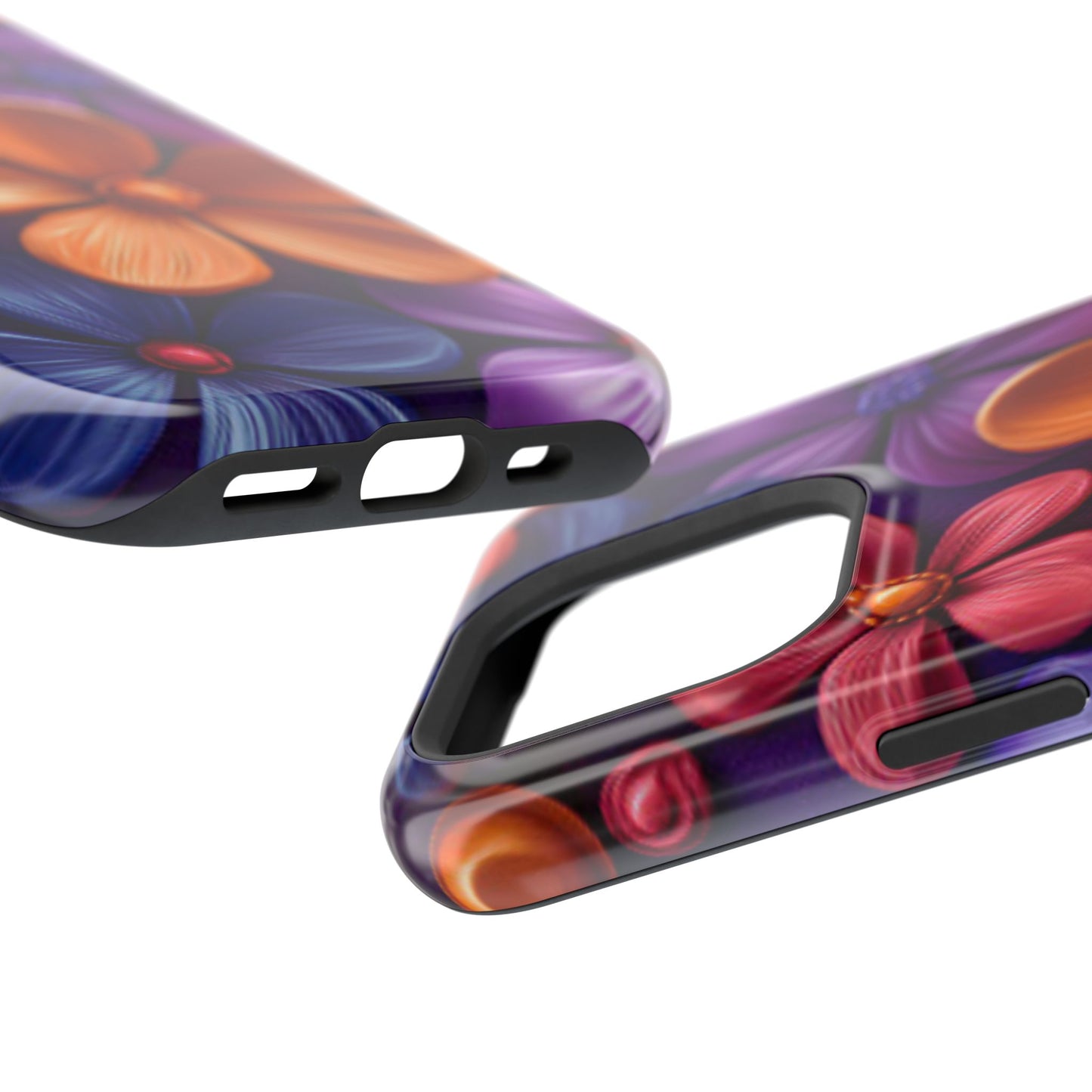 Bold Floral 3D MagSafe iPhone Case – Vivid Purple and Orange Flower Design, Shock-Resistant