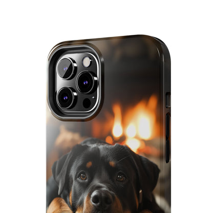 Cozy Rottweiler by the Fireplace iPhone Case – Warm Rustic Design